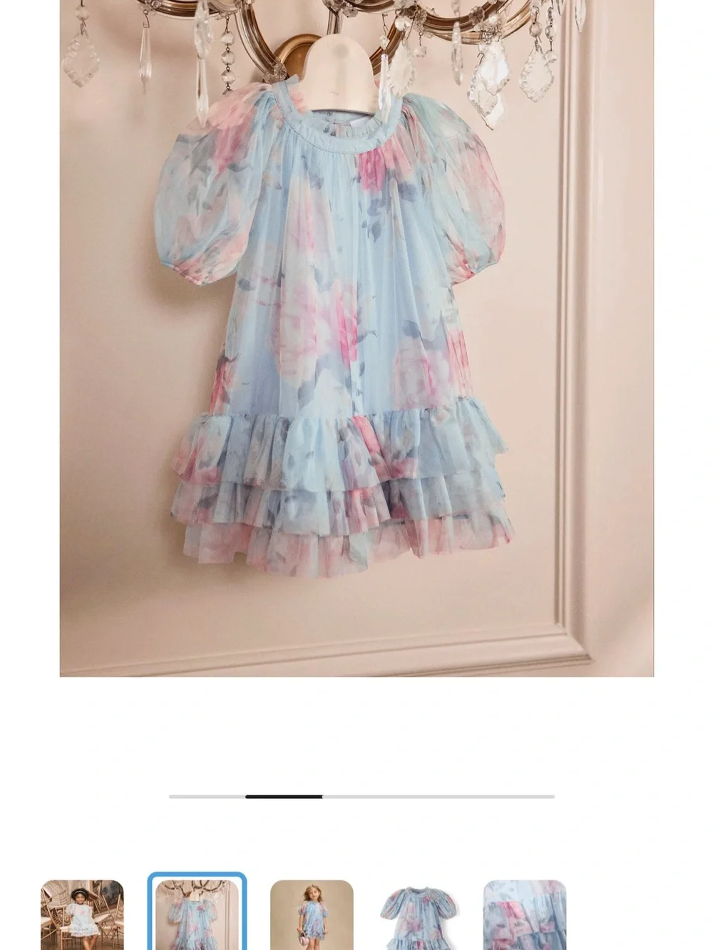 Girls Floral Ruffle Mesh Drop Waist Dress - On Pointe - Blue